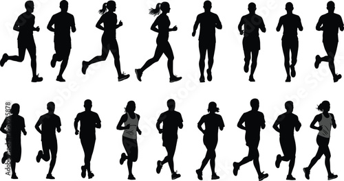 Black silhouette runners jogging, athletic motion sequence vector illustration, fitness training design elements, dynamic sports poses, healthy lifestyle artwork