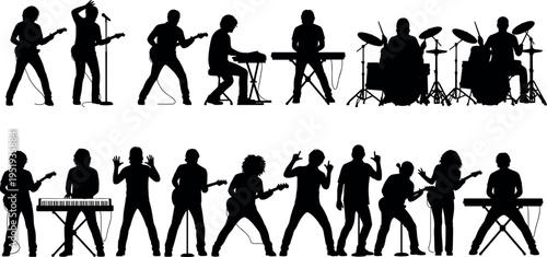 Black silhouette vector illustration of musicians performing with guitars, keyboards, drums, and singing, dynamic band concert poses and energy