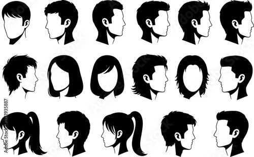Black silhouettes of human head profiles with diverse hairstyles, vector artwork for fashion, character design, and hairstyle reference content
