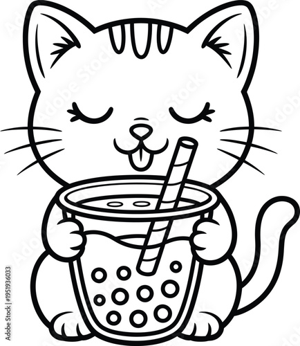 Cute cat drinking bubble tea coloring page for kids