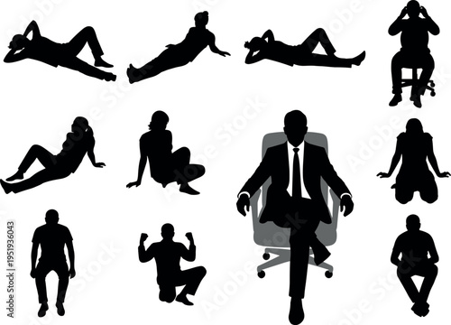  Black silhouette vector illustration of people in seated and reclining poses, central authoritative figure in office chair, hierarchy