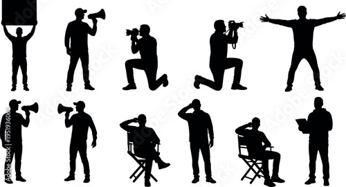 Black silhouettes of people in film production and public speaking roles, vector artwork for media, performance, and design content