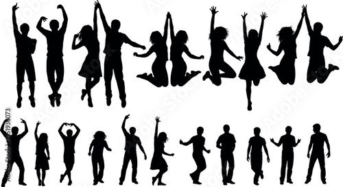 Black silhouettes of people in dynamic poses, jumping, dancing, celebrating, standing and walking, expressive vector artwork for design and animation content