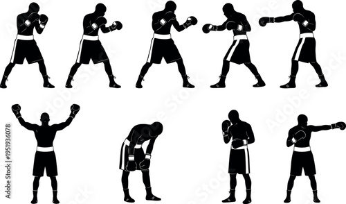  Black silhouette vector illustration of boxer in multiple poses including punching, guarding, victory, fatigue, readiness, and contemplation concept
