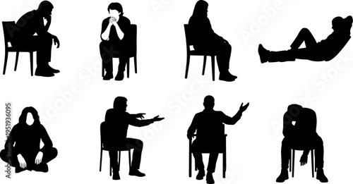  Black silhouette vector illustration of people seated and reclining in expressive poses showing contemplation, distress, relaxation, gesture, and emotion concept