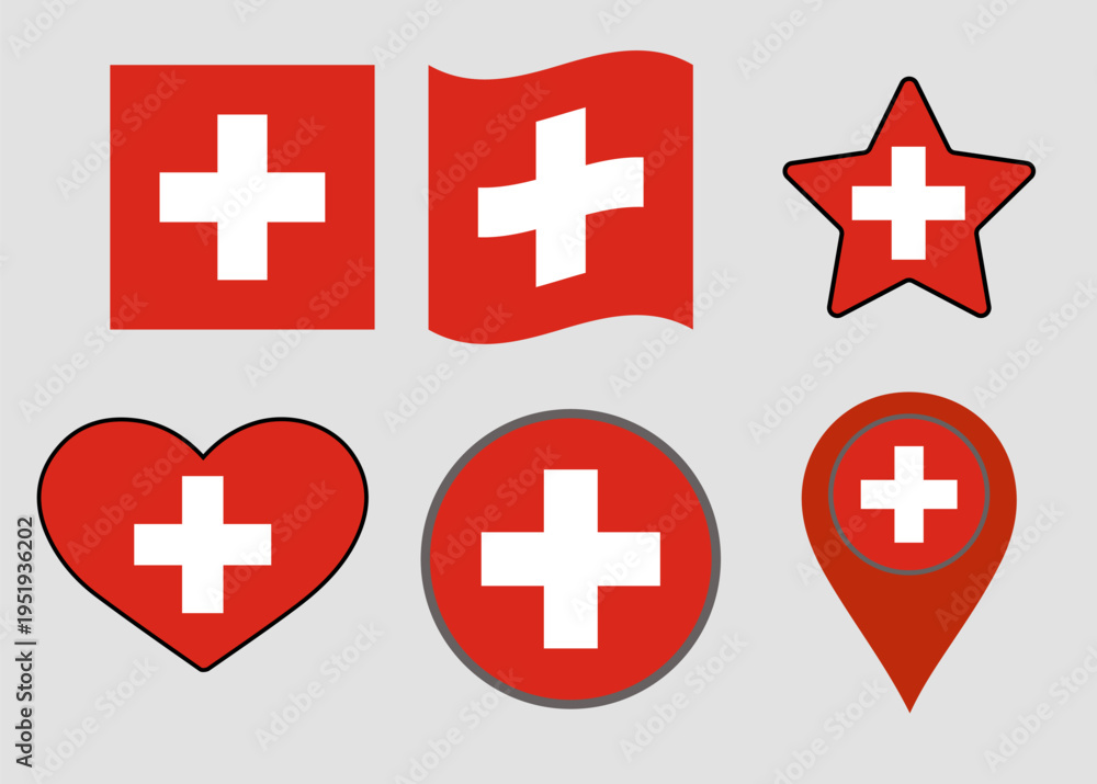 Fototapeta premium Switzerland flag set vector Vector set of flags in various shapes round, star, wavy, heart