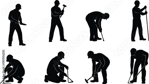 Construction worker silhouettes in various tasks, hammering, bending, tool usage, vector illustration for labor, industry, safety, teamwork, design concepts