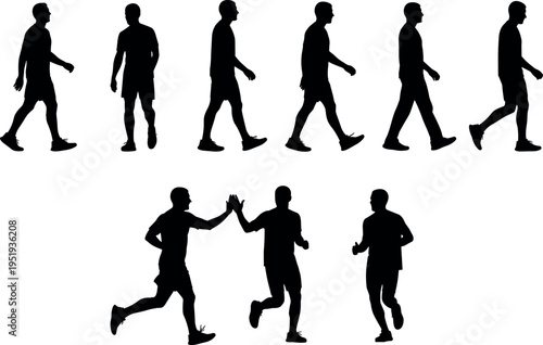 Black silhouette vector illustration of people walking and running, dynamic human motion, interaction, high‑five gesture, biomechanics, animation artwork design