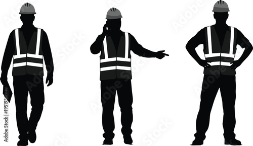 Construction worker silhouettes, safety vests, hard hats, clipboard, phone communication, standing pose, job site illustration, occupational vector art