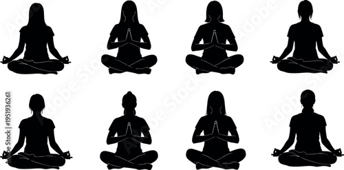 Black silhouettes of people meditating cross‑legged, prayer and mindfulness poses, calm vector artwork for wellness, yoga, spiritual design content