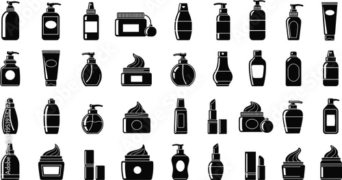 Cosmetic packaging silhouettes featuring pump bottles, spray containers, jars, tubes, lipstick, lotion, cream, shampoo, conditioner, perfume, beauty product icons