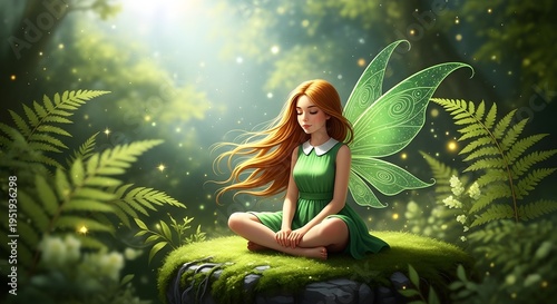 Whimsical fairy sitting on moss in forest with green wings