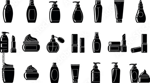 Cosmetic product silhouette icons, beauty care packaging, skincare bottles, makeup items, perfume jars, lipstick tube, personal grooming vector illustration design