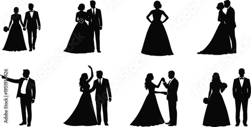 Couple silhouettes in formal attire, wedding and prom poses, dancing, embracing, vector illustration for romance, celebration, fashion, design concepts