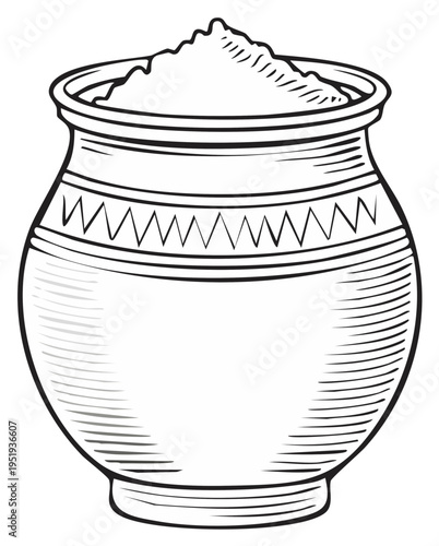 Sketchy earthenware pot holding mound of food item or substance in outline illustration