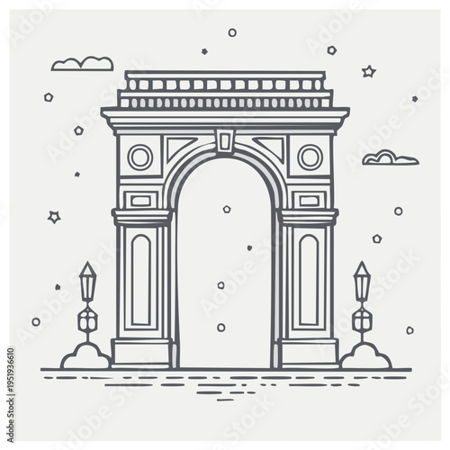 Outline illustration of a grand triumphal arch with decorative elements and streetlights