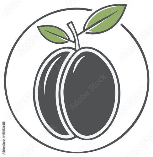 Stylized Minimalist Icon of Two Dark Plums with Green Leaves in a Circle