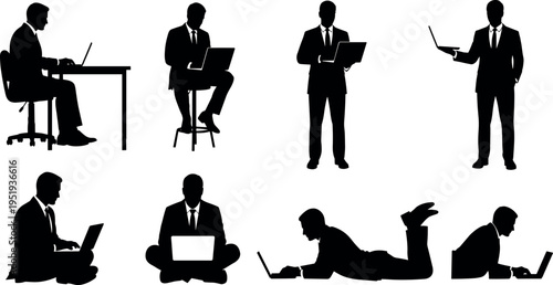 Black silhouettes of professionals using laptops in varied poses, business attire vector artwork for remote work, technology, and design content