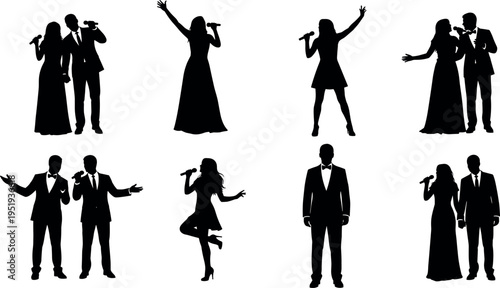 Black silhouettes of singers and performers with microphones, expressive vector artwork for music, stage, and design content