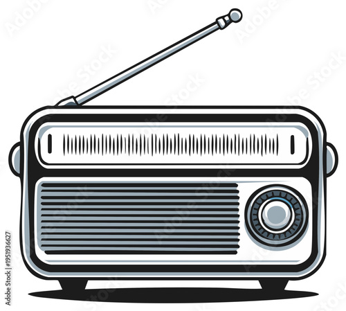 Retro portable radio with extended antenna and prominent dial and speaker grill