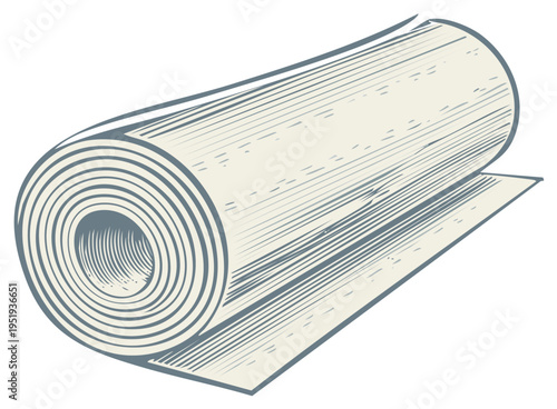 Illustration of a rolled-up material with visible textures and shadows creating depth, resembling a paper or fabric roll, detailed graphics.