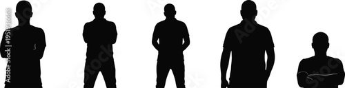 Group of human silhouettes standing and sitting with crossed arms, posture comparison figures for body language and design illustration