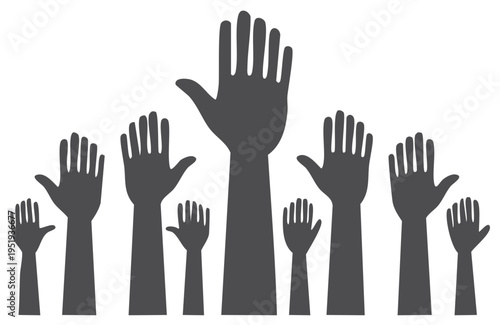 Silhouette of multiple hands raised in the air, symbolizing voting and support