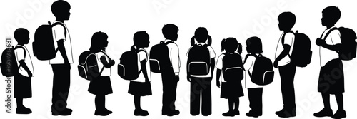 Group of school children standing in line with backpacks, diverse student silhouettes, educational vector artwork, creative design illustration, modern academic composition