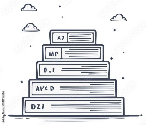 Stacked Books Illustration with Cloud Decorations Forming a Tower-Like Structure on a White Background