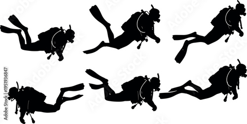 Black silhouette vector illustration of scuba divers swimming with fins, tanks, masks, underwater motion, aquatic design