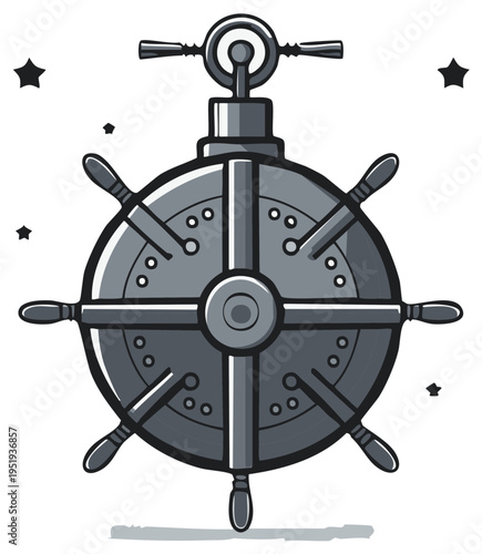 Steampunk Device Illustration with Cogwheel and Ship Wheel with Stars Decor