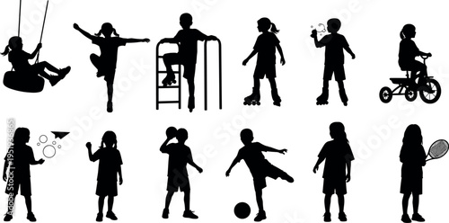 Black silhouette vector illustration of children playing, sports, and recreational activities, childhood movement, fun, exploration, and development concept