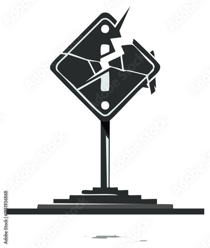 Damaged Warning Sign with Cracked Surface and Broken Edge