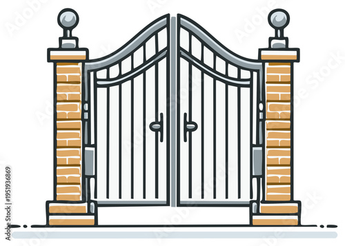 Ornate Metal Estate Gates with Brick Pillars and Spherical Finials Entrance Pathway Symbol