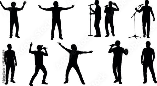  Black silhouette vector illustration of singers performing with microphones in expressive poses, music, entertainment, stage presence, and concert concept
