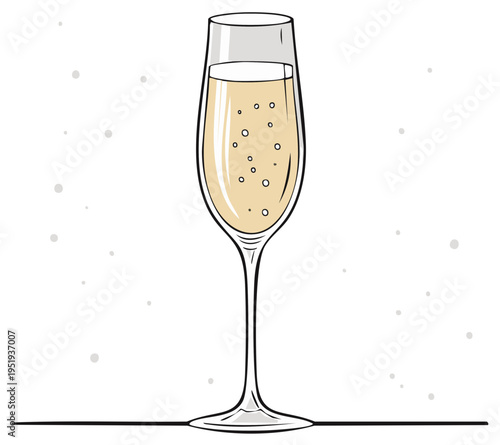 Elegant flute glass filled with sparkling bubbly champagne and effervescent bubbles rising upward