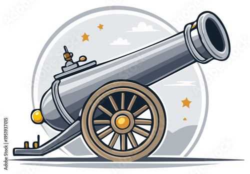 Historic cannon artillery weapon with wooden wheels and ammunition barrel on battlefield illustration