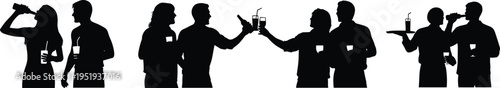 Vector illustration of people silhouettes socializing at party with drinks, conversation, celebration, tray service, and lively gathering scene