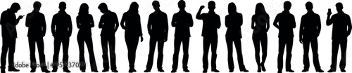 Vector illustration of people silhouettes in row, one highlighted with path outline, representing vector editing and digital design tools