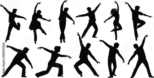 Dance silhouettes, expressive movement, performing arts, ballet and modern dance, dynamic poses, artistic body motion, black vector illustration