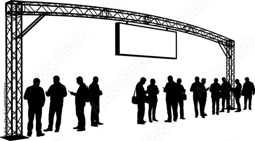 Vector illustration of people silhouettes under truss structure, event gathering scene, social interaction, public space anticipation, exhibition environment