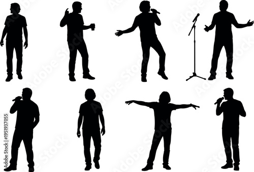 Black silhouette vector illustration of singers performing with microphones in expressive stage poses, music, entertainment, concert, and vocal expression concept
