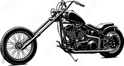 Black silhouette vector illustration of chopper motorcycle with extended forks, custom frame, large rear wheel, and mechanical design concept