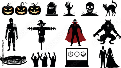 Halloween silhouettes with jack‑o’‑lanterns, tombstone, skull, black cat, zombie, scarecrow, vampire, werewolf, spooky horror illustration vector art