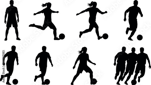  Black silhouette vector illustration of soccer players in dynamic action poses with ball, teamwork, competition, athletic movement, and sports concept