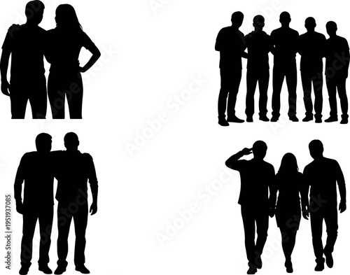 Vector illustration of people silhouettes, group dynamics, social interaction themes, teamwork stances, companionship icons, collective design elements