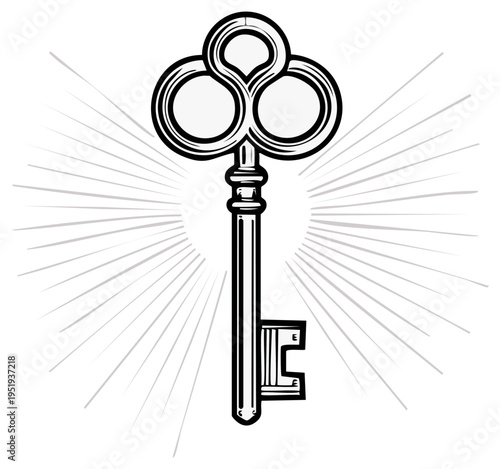 Vintage Key Illustration with Sunburst Graphic Element for Mystery, Solution, or Design