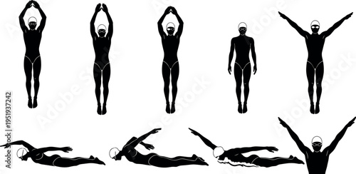  Black silhouette vector illustration of swimmer performing butterfly stroke sequence with dive, entry, arm movements, and underwater body positioning