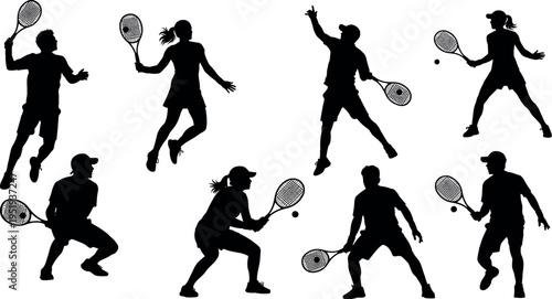Black silhouette vector illustration of tennis players in dynamic action poses, swinging rackets, hitting balls, sports design