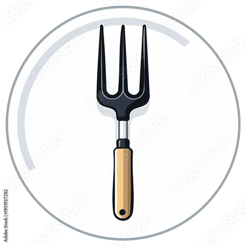 Classic garden fork with wooden handle and sharp tines illustration inside a circular frame
